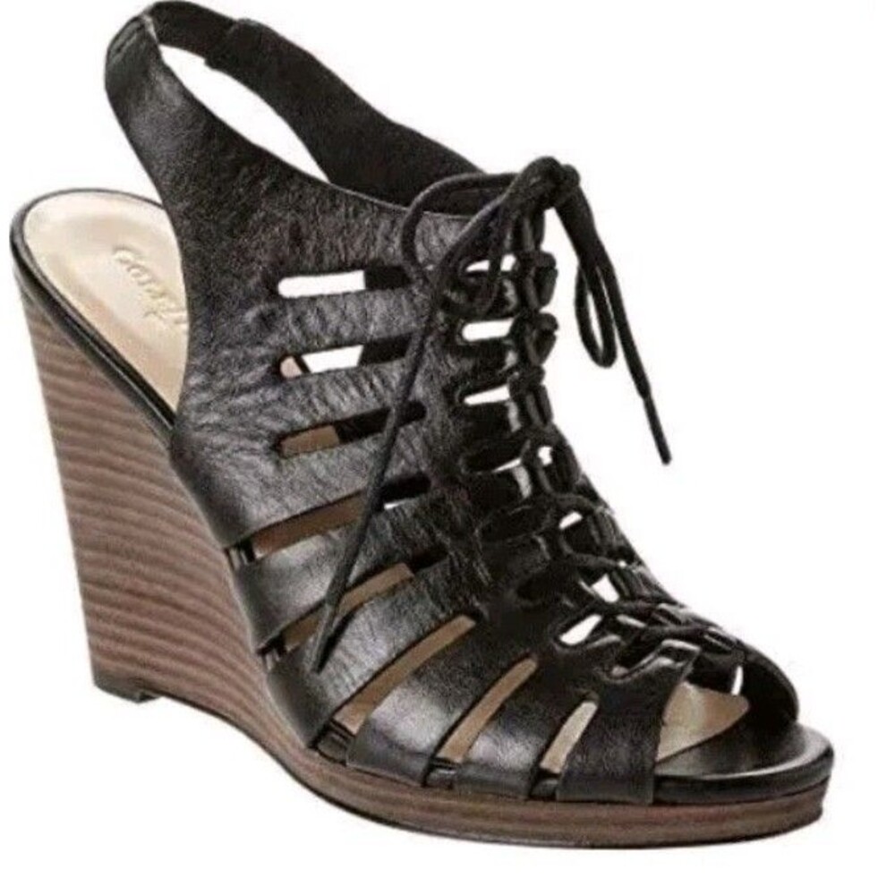 Cole Haan Haven Sandals Size 8B Black Leather Gladiator Lace Up Wedge Heel